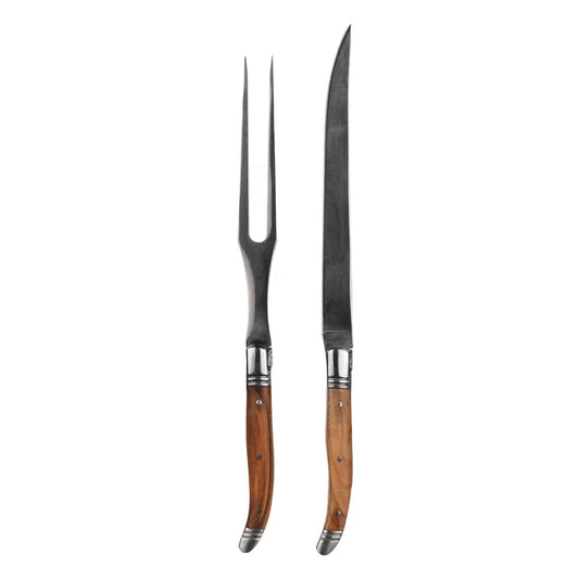 Fork and knife carving set with stainless steel head and wood handle