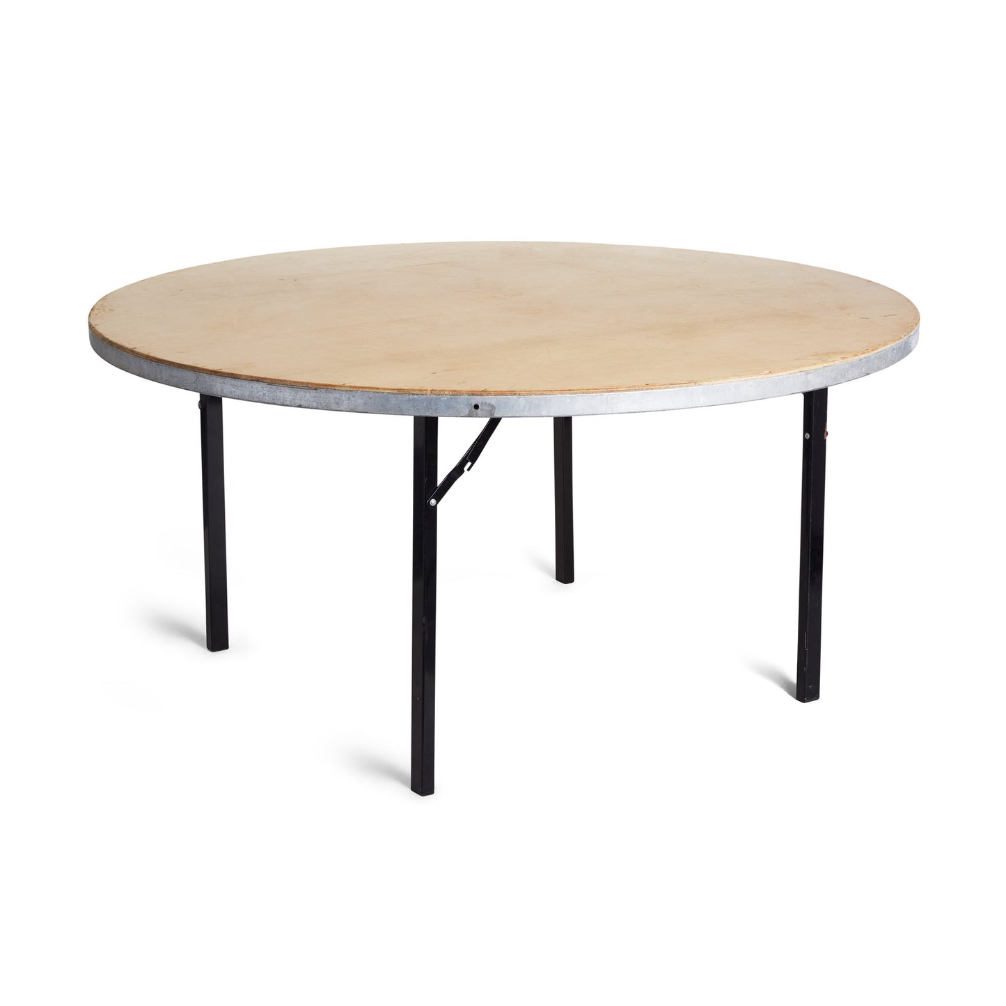 Foldable round timber top table with aluminum frame and legs, measuring 1.5m and 1.8m in diameter