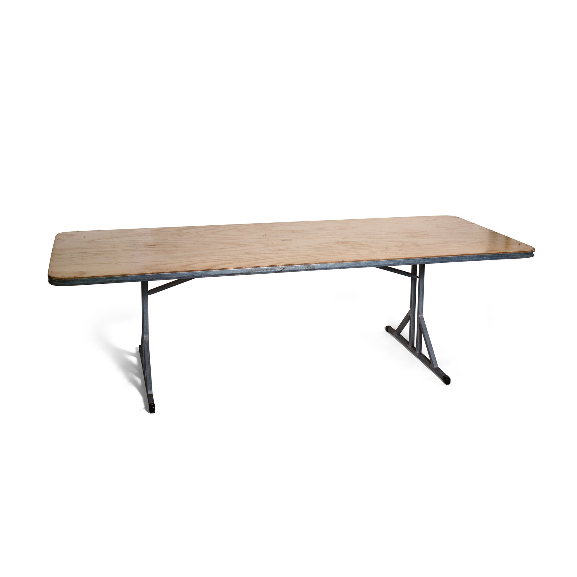 Foldable extra wide timber top table, with aluminum frame and legs, measuring 2.4 meters in length.